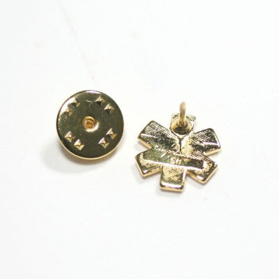 broche medicina folheado a ouro em um fundo branco, visto por trás. é possível ver o alfinete e o encaixe do bottom.