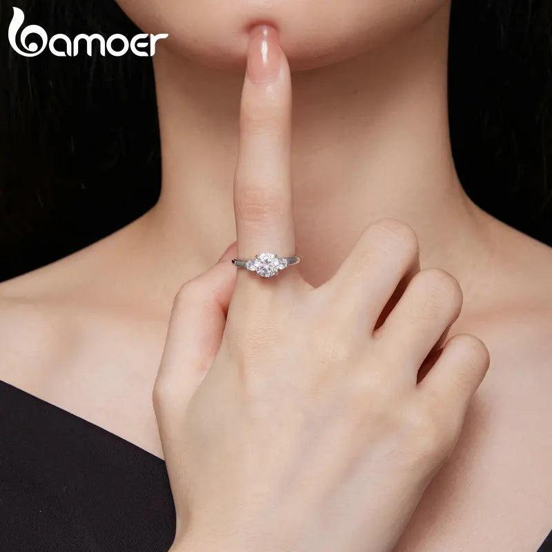 anel banhado a platina moissanite três pedras - bamoer