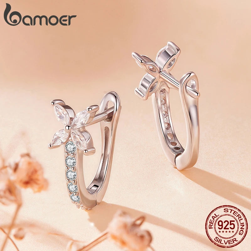 brinco prata 925 argola huggies com zircônia cravejada - bamoer