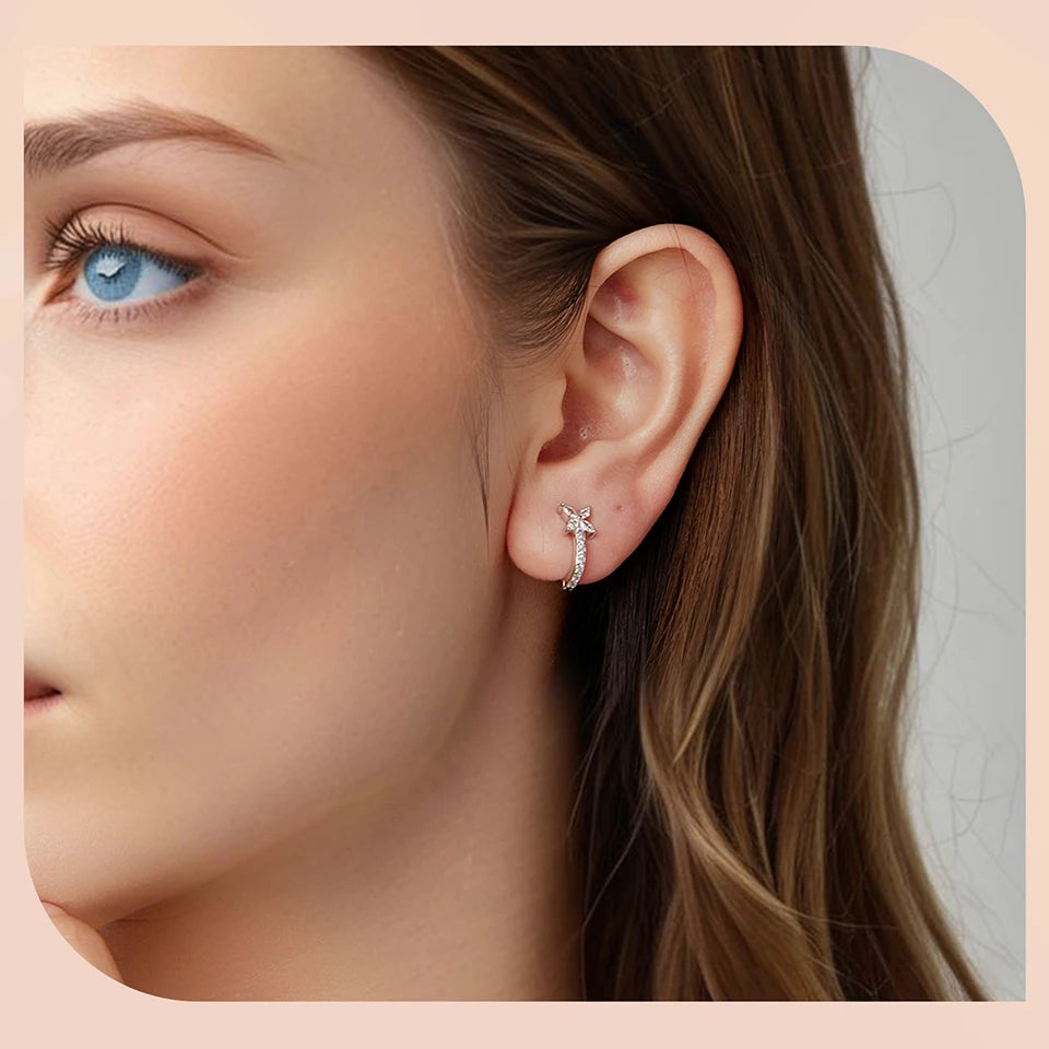 brinco prata 925 argola huggies com zircônia cravejada - bamoer