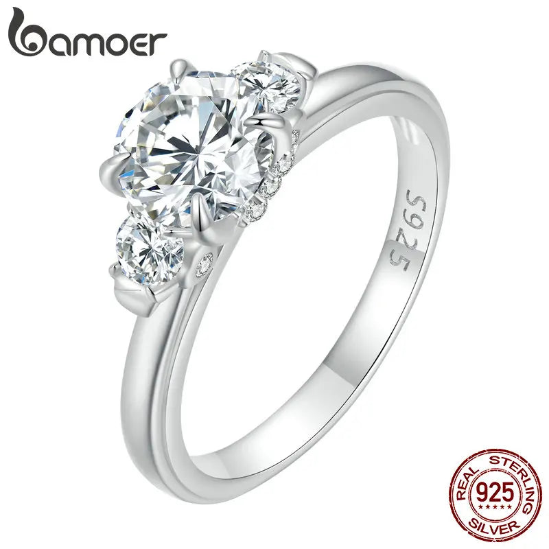 anel banhado a platina moissanite três pedras - bamoer