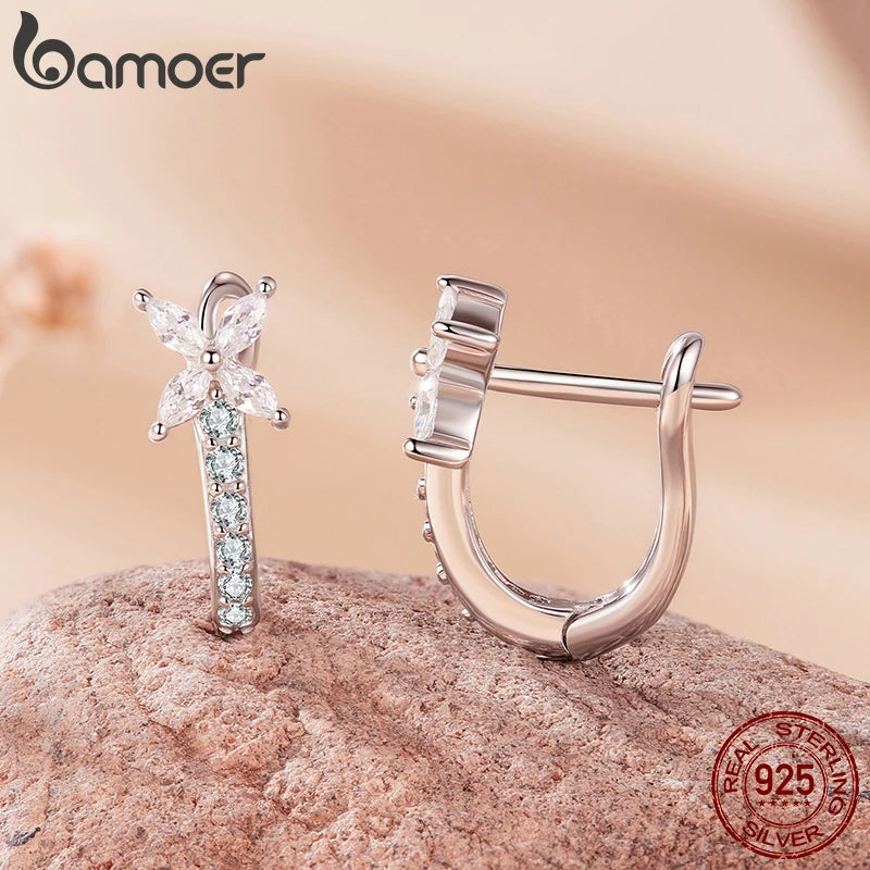 brinco prata 925 argola huggies com zircônia cravejada - bamoer