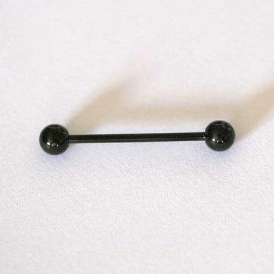 Piercing black line com formato de barra reta com esferas nas extremidades sobre fundo branco.