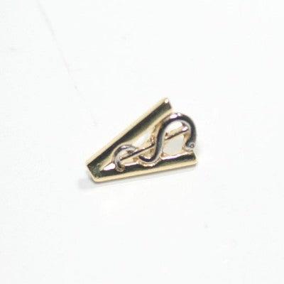 Broche Medicina Veterinária em um fundo branco. A peça possui o formato da letra V, com um cobra se enrolando em um bastão.