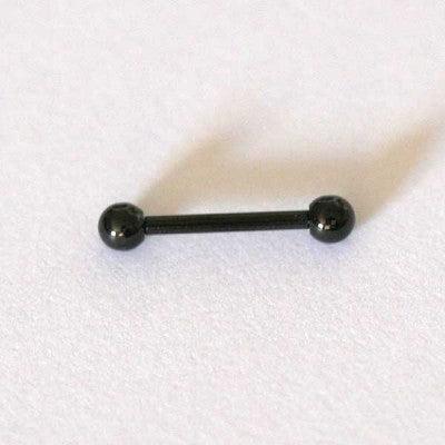 Piercing de aço cirúrgico preto com haste reta e esferas nas extremidades sobre fundo branco.