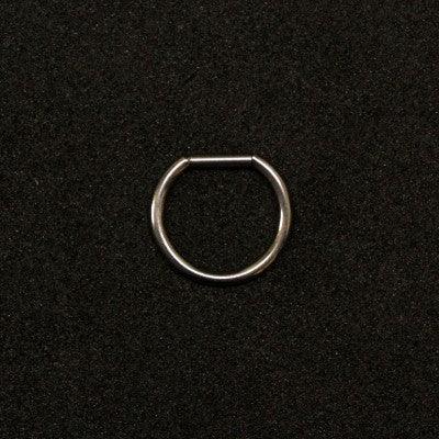 Piercing Segment D-Ring da Tal da Realeza em um fundo preto aveludado. A peça é prateada e possui o formato da letra D.